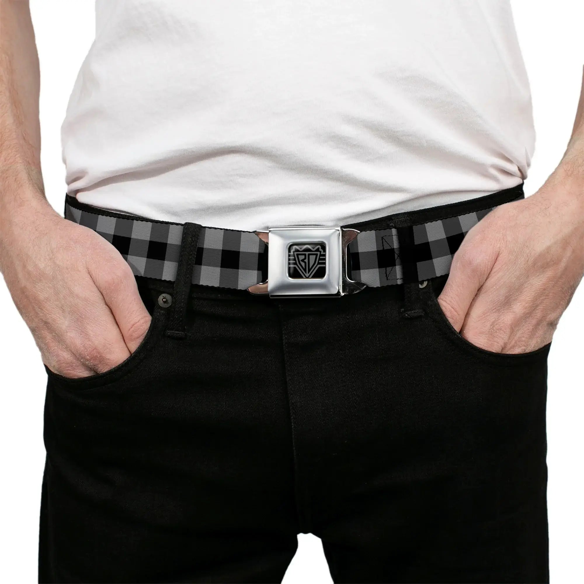 BD Wings Logo CLOSE-UP Full Color Black Silver Seatbelt Belt - Buffalo Plaid Black/Gray Webbing - Buckle-Down - Flyclothing LLC