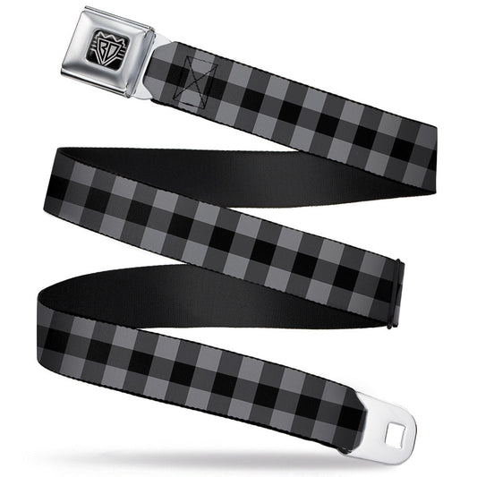 BD Wings Logo CLOSE-UP Full Color Black Silver Seatbelt Belt - Buffalo Plaid Black/Gray Webbing - Buckle-Down - Flyclothing LLC