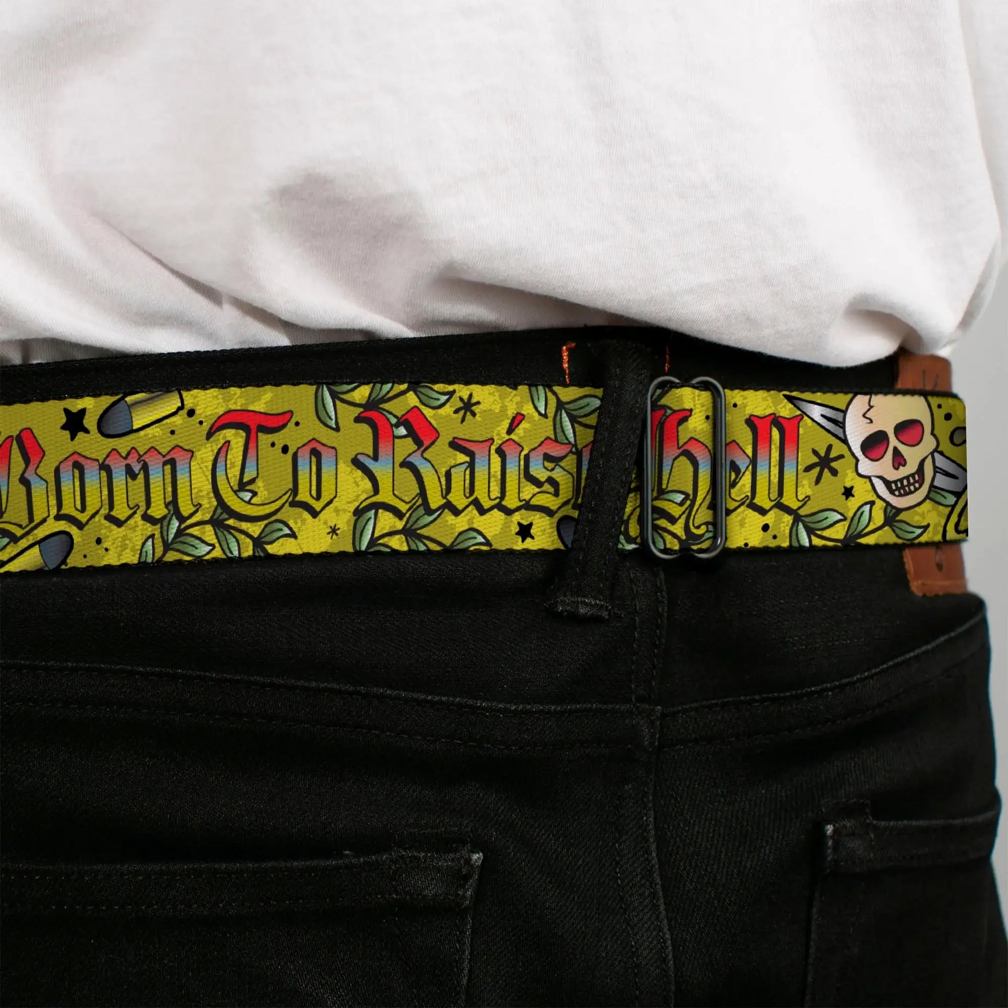 BD Wings Logo CLOSE-UP Full Color Black Silver Seatbelt Belt - Born to Raise Hell Yellow Webbing - Buckle-Down - Flyclothing LLC