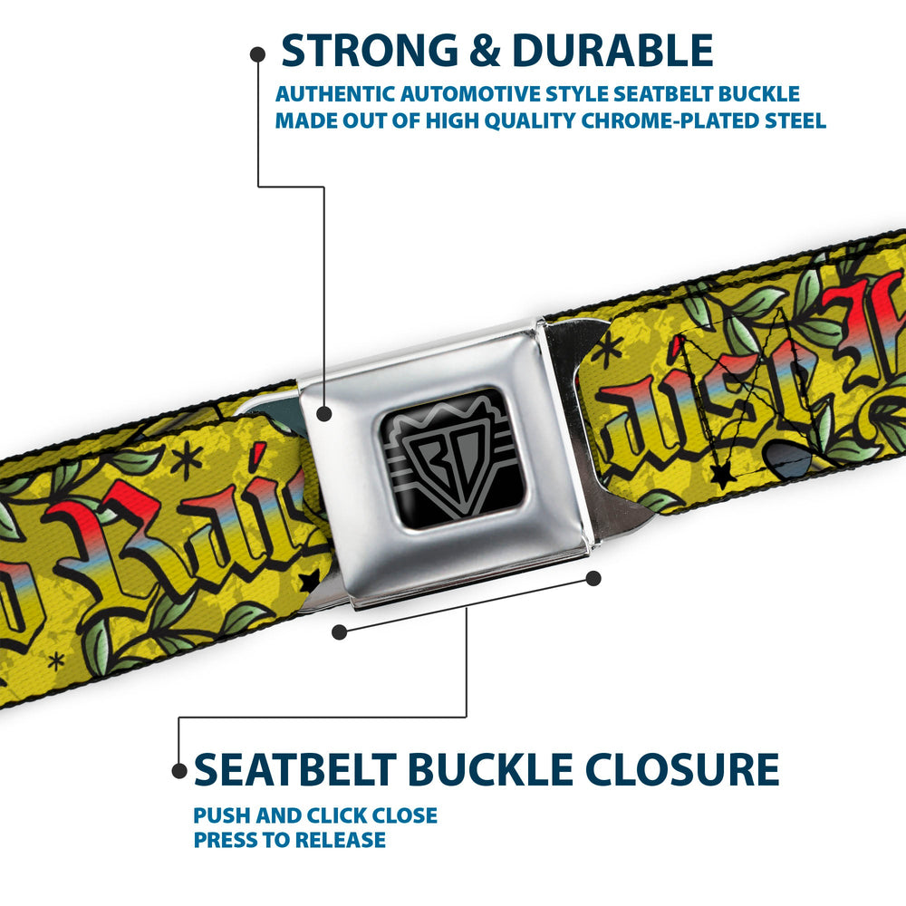 BD Wings Logo CLOSE-UP Full Color Black Silver Seatbelt Belt - Born to Raise Hell Yellow Webbing - Buckle-Down - Flyclothing LLC