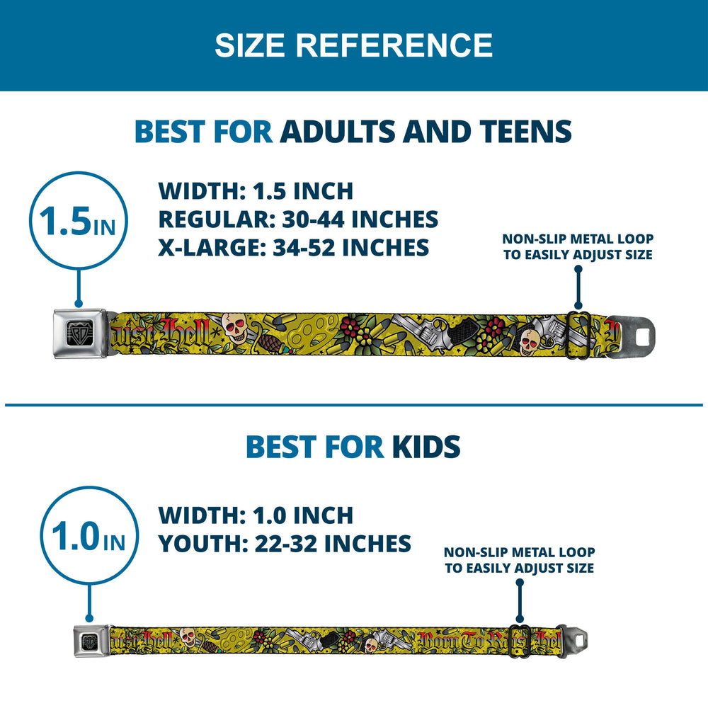 BD Wings Logo CLOSE-UP Full Color Black Silver Seatbelt Belt - Born to Raise Hell Yellow Webbing - Buckle-Down - Flyclothing LLC