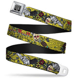 BD Wings Logo CLOSE-UP Full Color Black Silver Seatbelt Belt - Born to Raise Hell Yellow Webbing - Buckle-Down - Flyclothing LLC