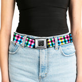 BD Wings Logo CLOSE-UP Full Color Black Silver Seatbelt Belt - Buffalo Plaid White/Multi Color Webbing - Buckle-Down - Flyclothing LLC