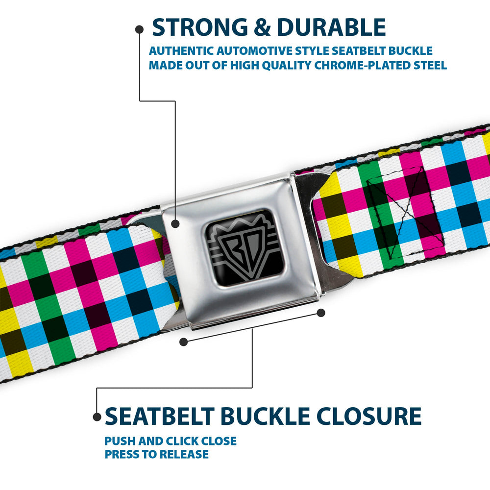 BD Wings Logo CLOSE-UP Full Color Black Silver Seatbelt Belt - Buffalo Plaid White/Multi Color Webbing - Buckle-Down - Flyclothing LLC