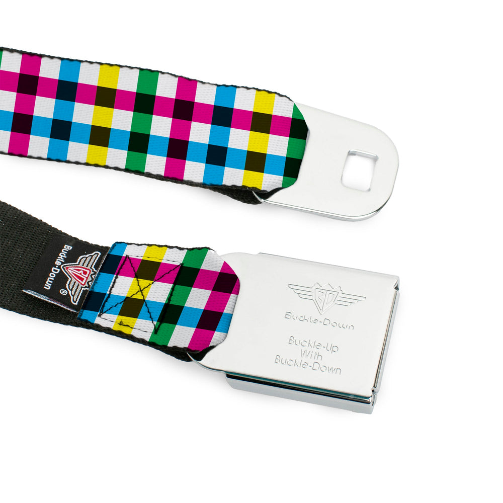 BD Wings Logo CLOSE-UP Full Color Black Silver Seatbelt Belt - Buffalo Plaid White/Multi Color Webbing - Buckle-Down - Flyclothing LLC