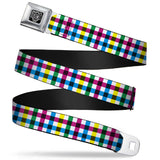 BD Wings Logo CLOSE-UP Full Color Black Silver Seatbelt Belt - Buffalo Plaid White/Multi Color Webbing - Buckle-Down - Flyclothing LLC