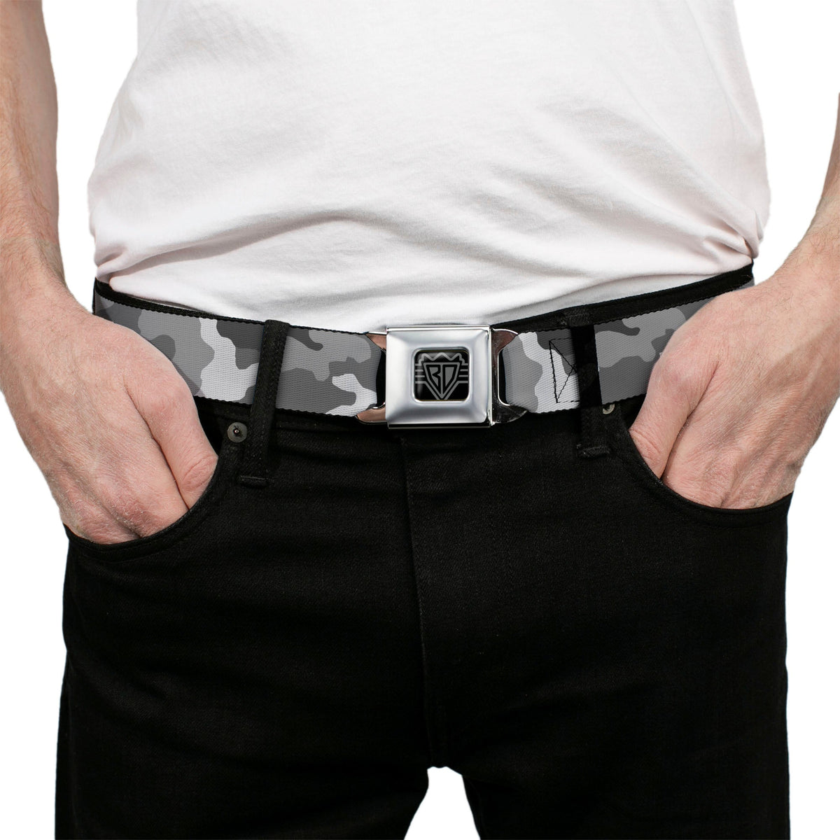BD Wings Logo CLOSE-UP Full Color Black Silver Seatbelt Belt - Camo White Webbing