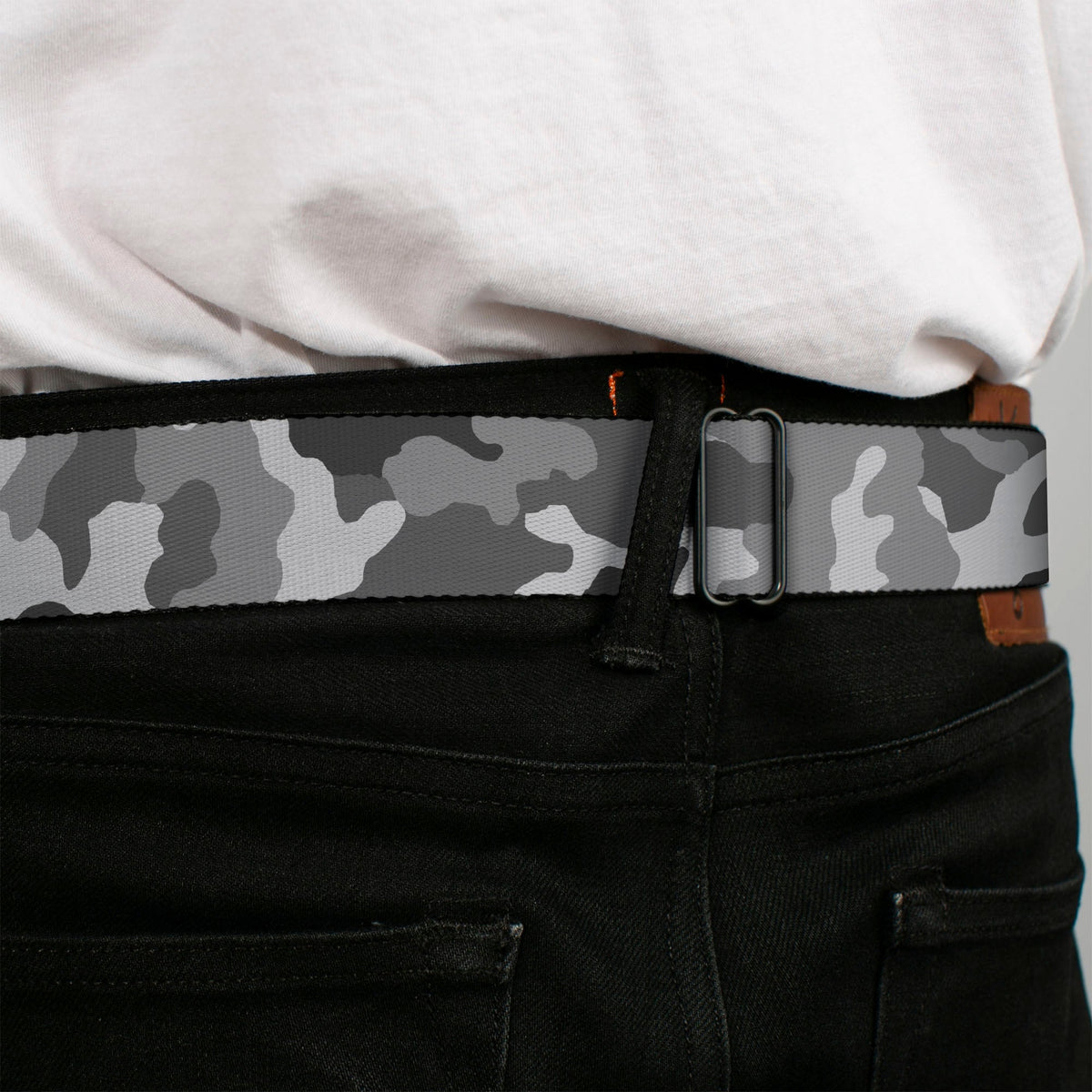 BD Wings Logo CLOSE-UP Full Color Black Silver Seatbelt Belt - Camo White Webbing