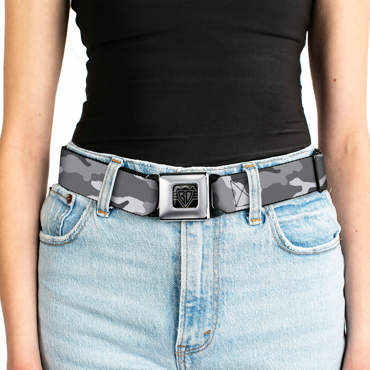 BD Wings Logo CLOSE-UP Full Color Black Silver Seatbelt Belt - Camo White Webbing