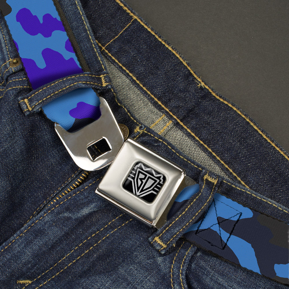 BD Wings Logo CLOSE-UP Full Color Black Silver Seatbelt Belt - Camo Blue Webbing - Buckle-Down - Flyclothing LLC
