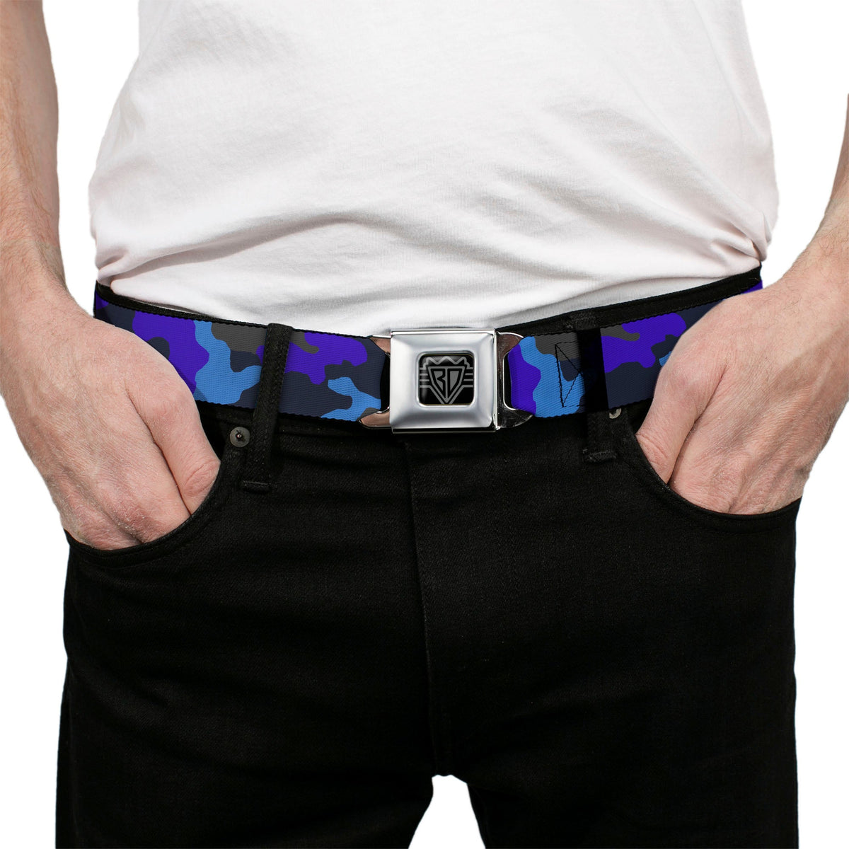 BD Wings Logo CLOSE-UP Full Color Black Silver Seatbelt Belt - Camo Blue Webbing - Buckle-Down - Flyclothing LLC