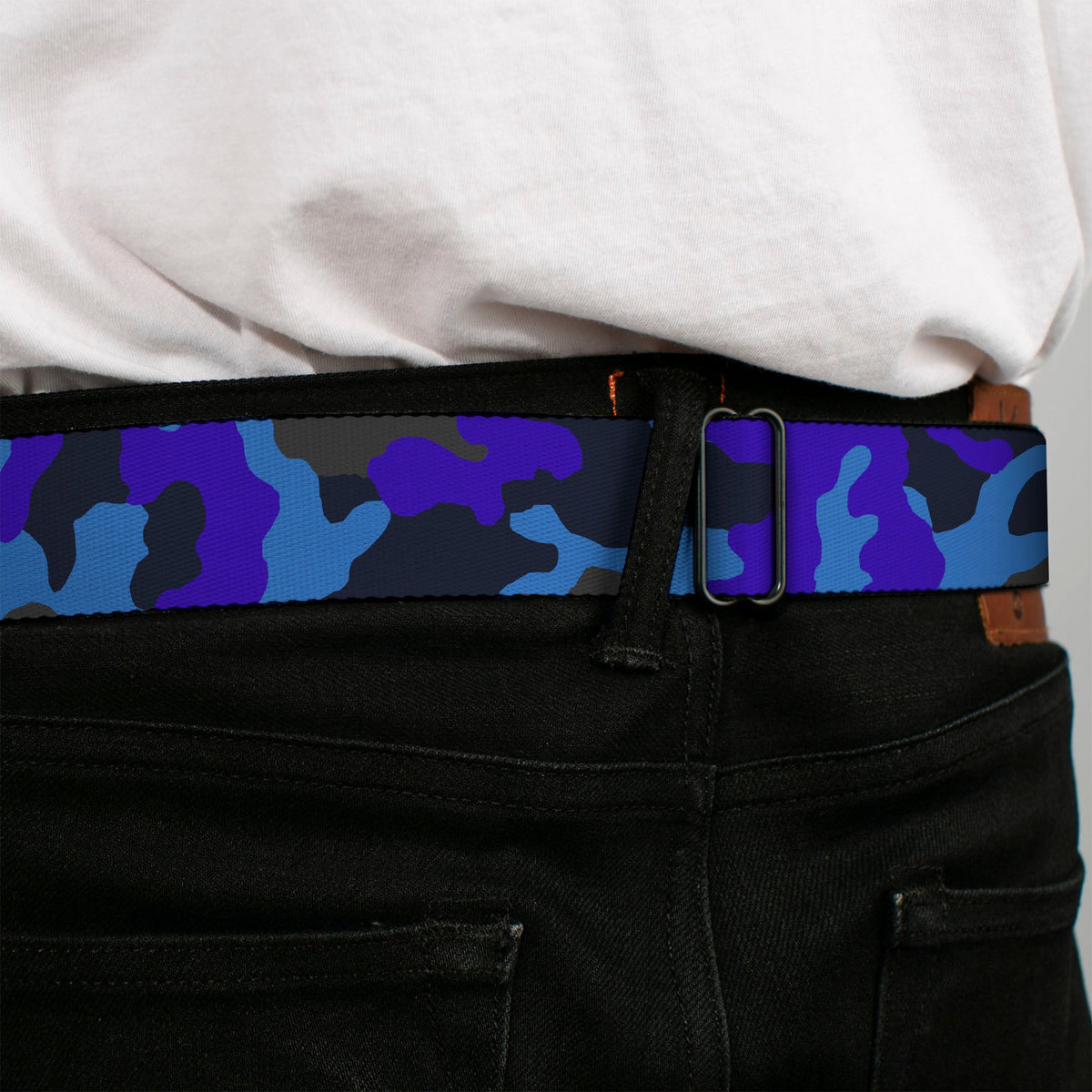 BD Wings Logo CLOSE-UP Full Color Black Silver Seatbelt Belt - Camo Blue Webbing - Buckle-Down - Flyclothing LLC