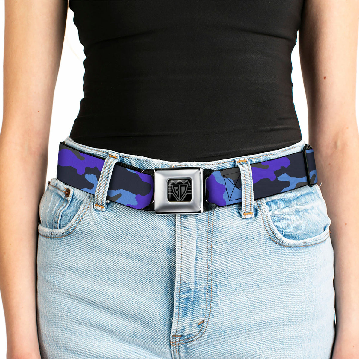 BD Wings Logo CLOSE-UP Full Color Black Silver Seatbelt Belt - Camo Blue Webbing - Buckle-Down - Flyclothing LLC