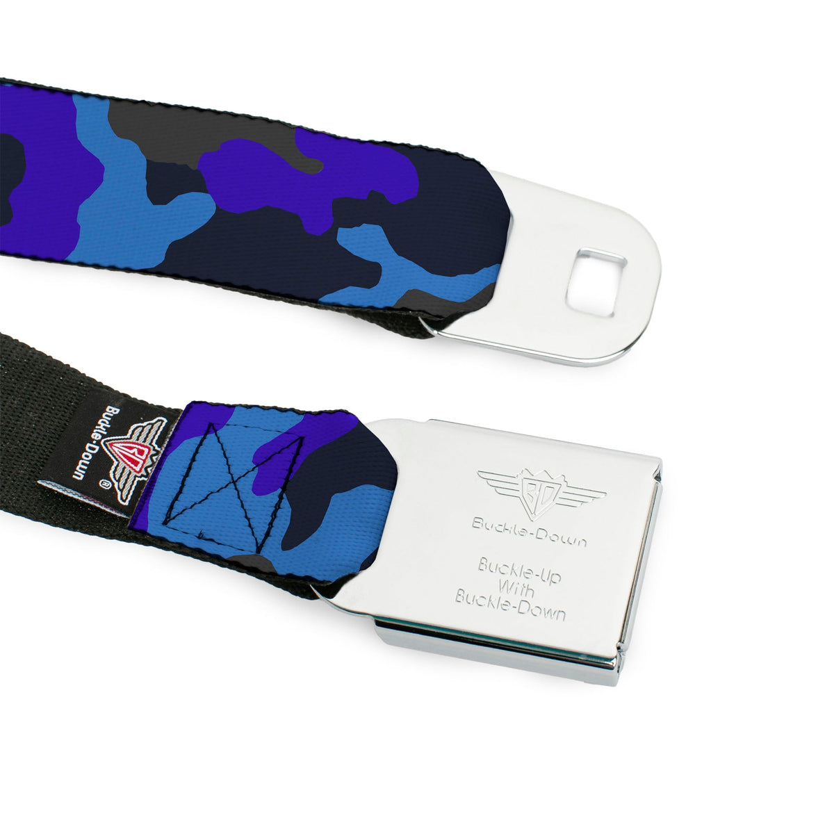 BD Wings Logo CLOSE-UP Full Color Black Silver Seatbelt Belt - Camo Blue Webbing - Buckle-Down - Flyclothing LLC