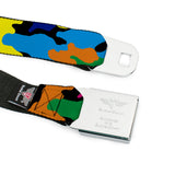 BD Wings Logo CLOSE-UP Full Color Black Silver Seatbelt Belt - Camo Multi Neon Webbing
