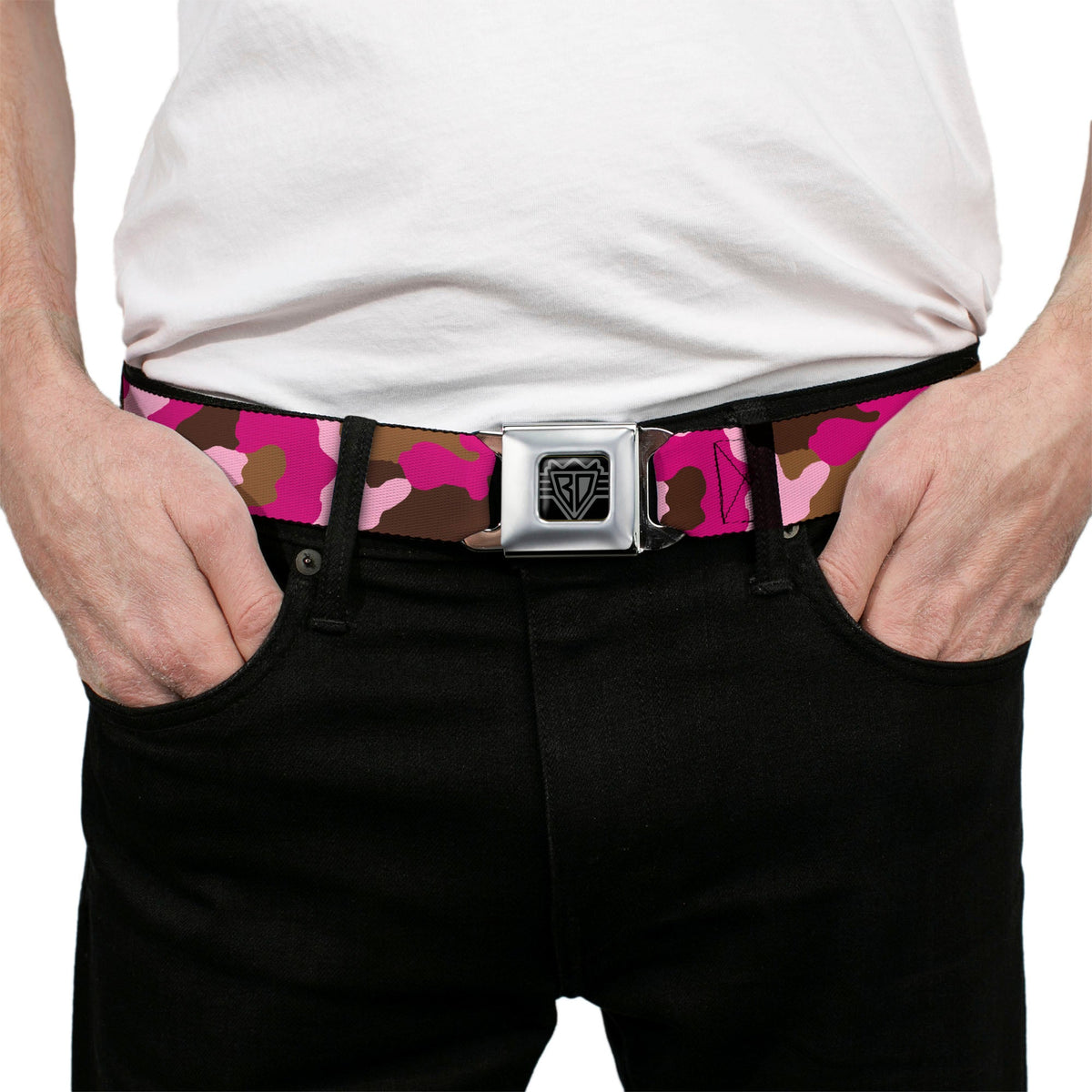 BD Wings Logo CLOSE-UP Full Color Black Silver Seatbelt Belt - Camo Pink Webbing