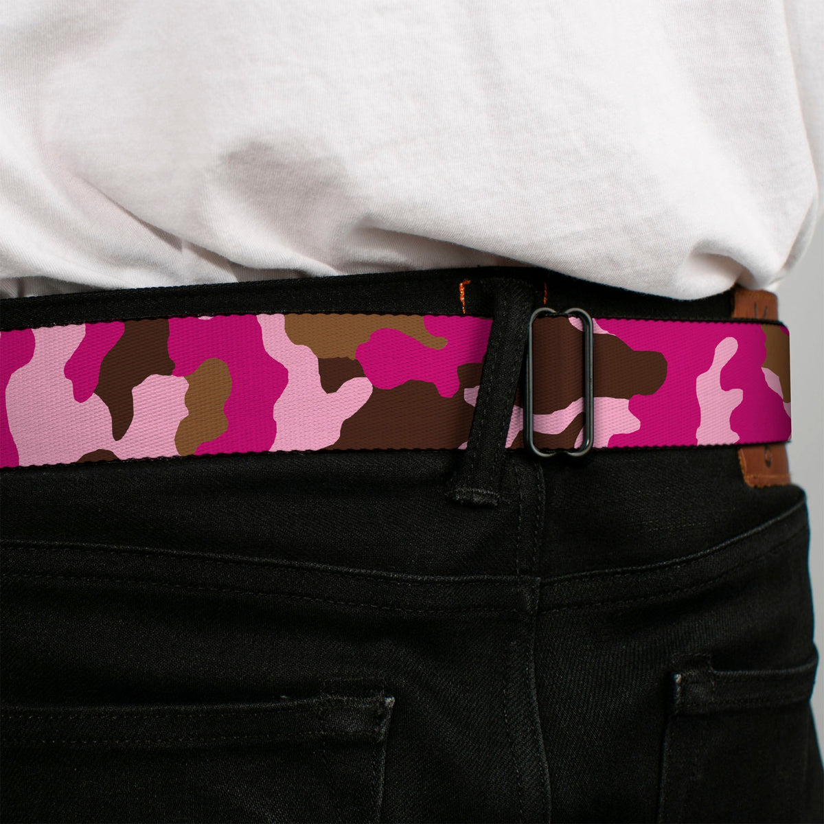 BD Wings Logo CLOSE-UP Full Color Black Silver Seatbelt Belt - Camo Pink Webbing