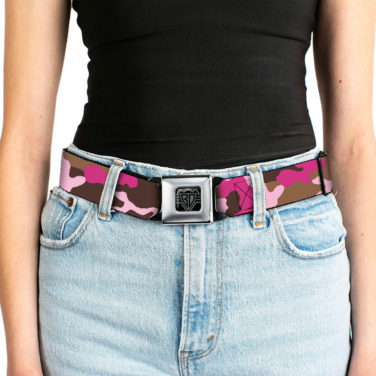 BD Wings Logo CLOSE-UP Full Color Black Silver Seatbelt Belt - Camo Pink Webbing