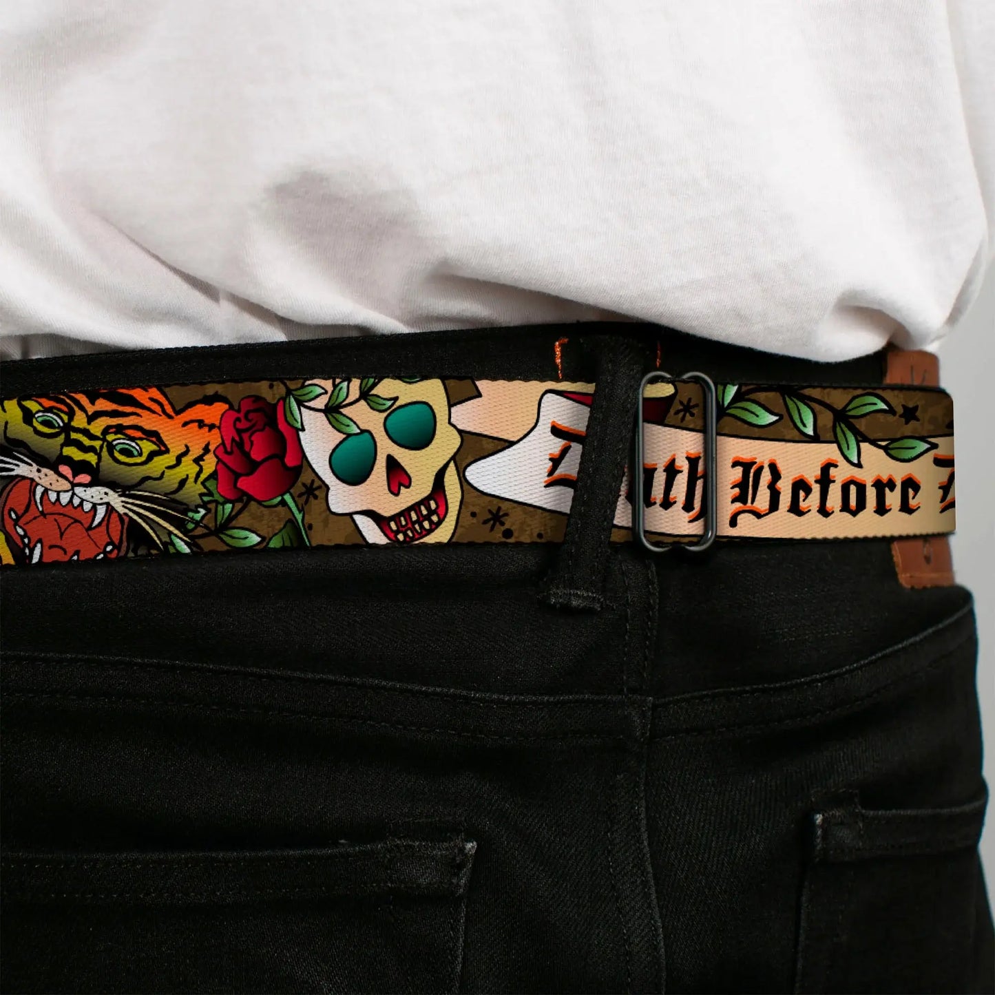 BD Wings Logo CLOSE-UP Full Color Black Silver Seatbelt Belt - Death Before Dishonor Olive Webbing - Buckle-Down - Flyclothing LLC