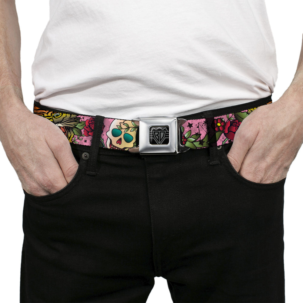 BD Wings Logo CLOSE-UP Full Color Black Silver Seatbelt Belt - Death Before Dishonor Pink Webbing - Buckle-Down - Flyclothing LLC