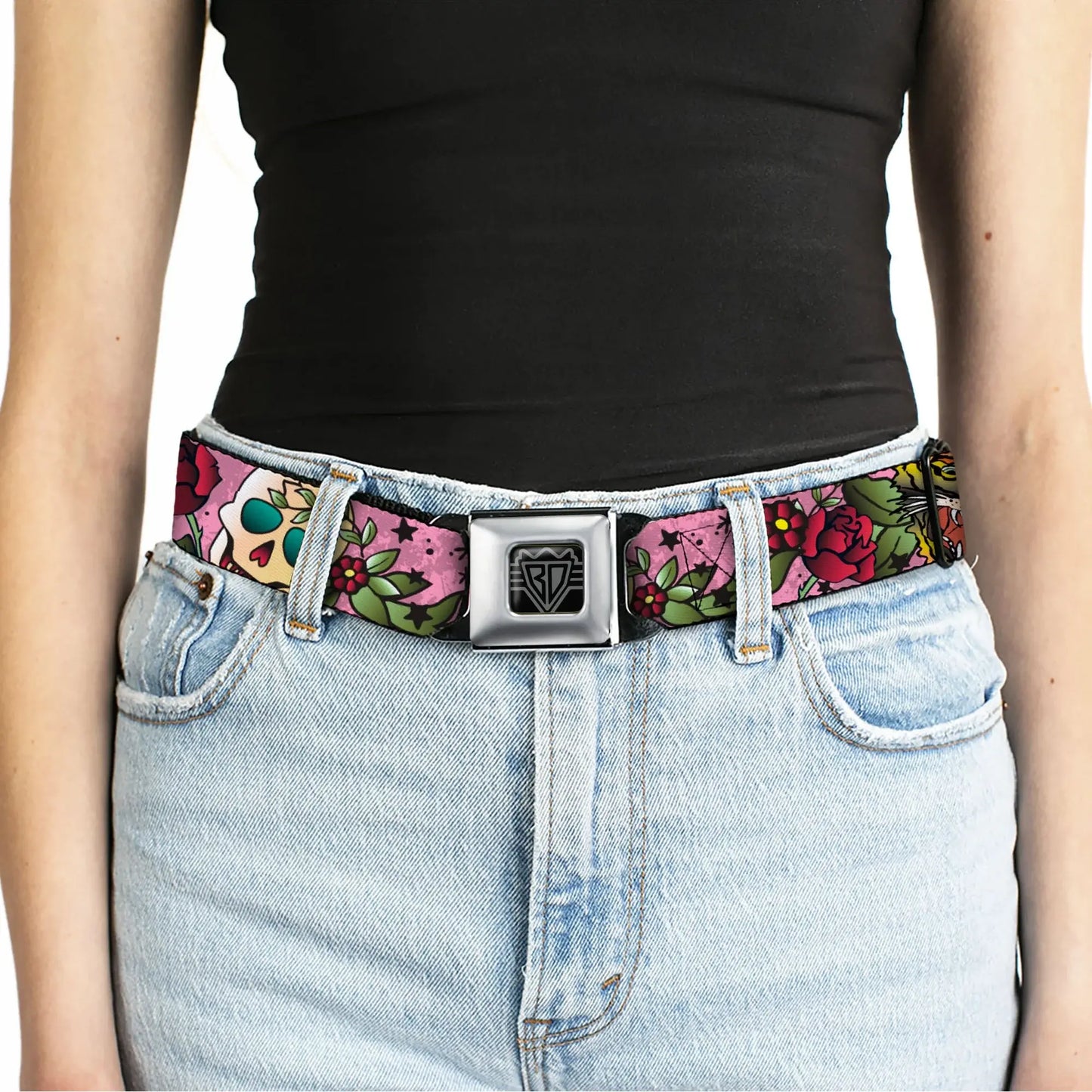 BD Wings Logo CLOSE-UP Full Color Black Silver Seatbelt Belt - Death Before Dishonor Pink Webbing - Buckle-Down - Flyclothing LLC