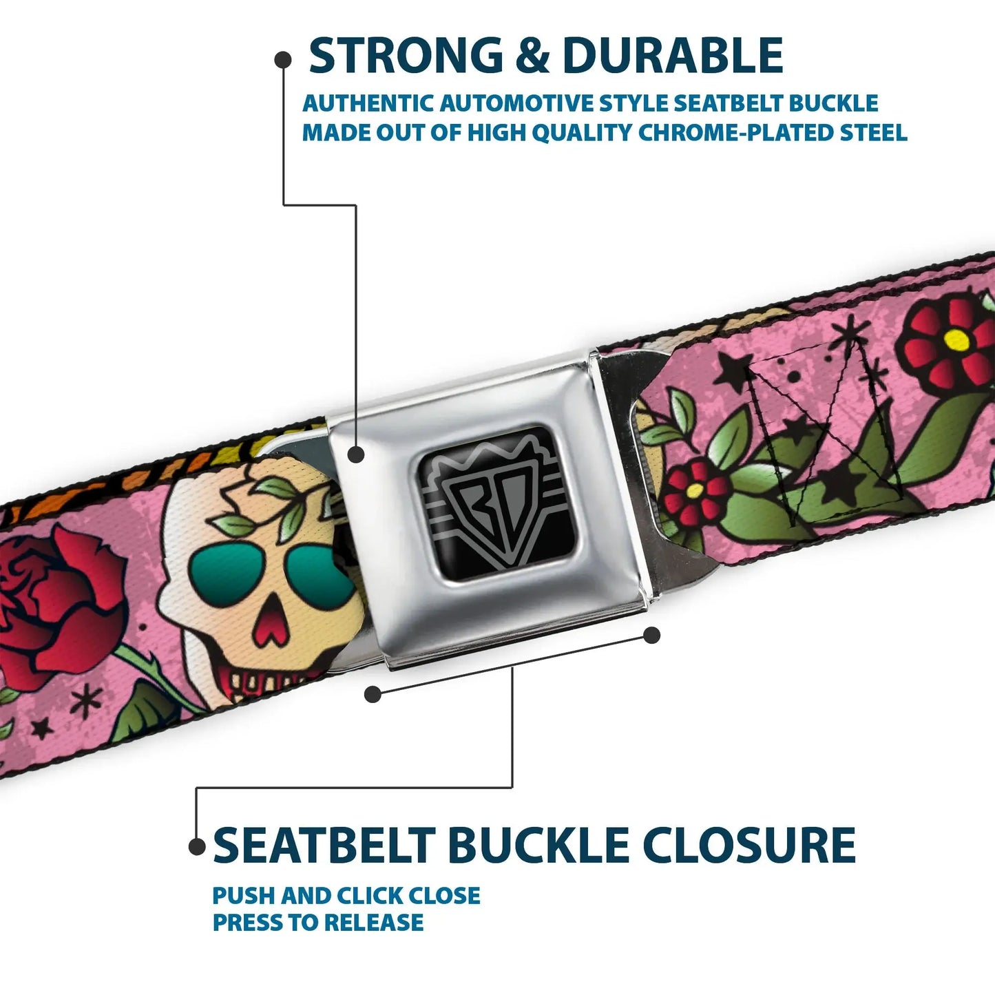 BD Wings Logo CLOSE-UP Full Color Black Silver Seatbelt Belt - Death Before Dishonor Pink Webbing - Buckle-Down - Flyclothing LLC