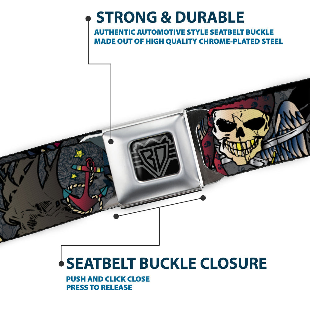 BD Wings Logo CLOSE-UP Full Color Black Silver Seatbelt Belt - Dead Men Tell No Tales Gray Webbing - Buckle-Down - Flyclothing LLC
