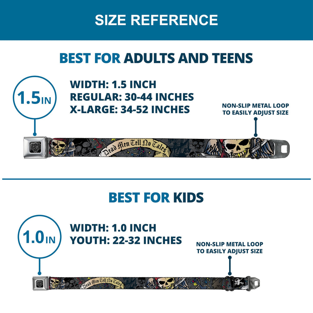 BD Wings Logo CLOSE-UP Full Color Black Silver Seatbelt Belt - Dead Men Tell No Tales Gray Webbing - Buckle-Down - Flyclothing LLC