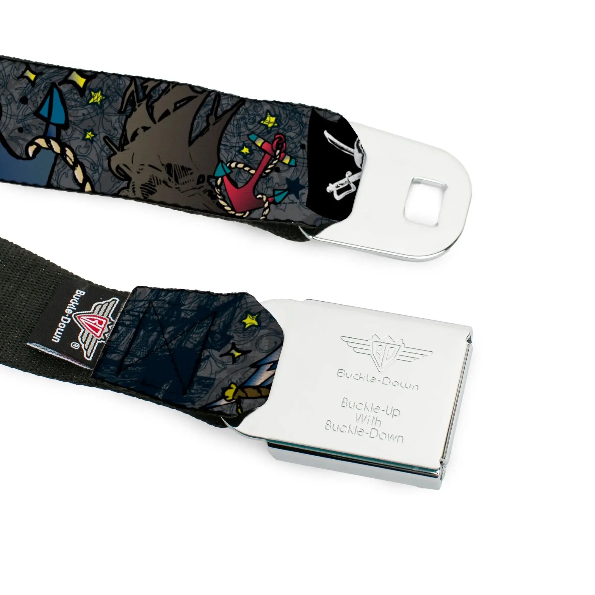 BD Wings Logo CLOSE-UP Full Color Black Silver Seatbelt Belt - Dead Men Tell No Tales Gray Webbing - Buckle-Down - Flyclothing LLC