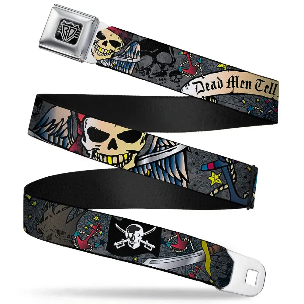 BD Wings Logo CLOSE-UP Full Color Black Silver Seatbelt Belt - Dead Men Tell No Tales Gray Webbing - Buckle-Down - Flyclothing LLC