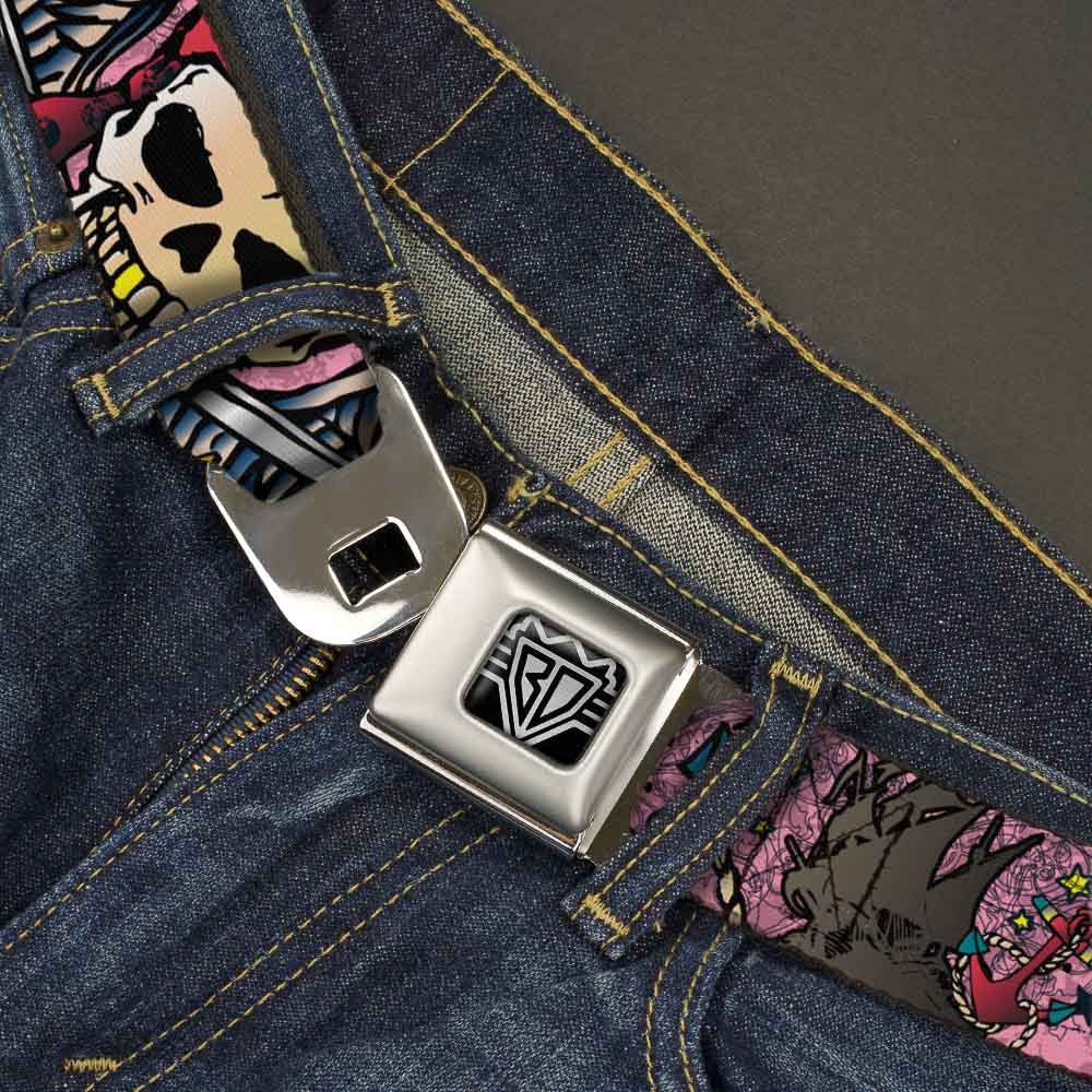 BD Wings Logo CLOSE-UP Full Color Black Silver Seatbelt Belt - Dead Men Tell No Tales Pink Webbing - Buckle-Down - Flyclothing LLC