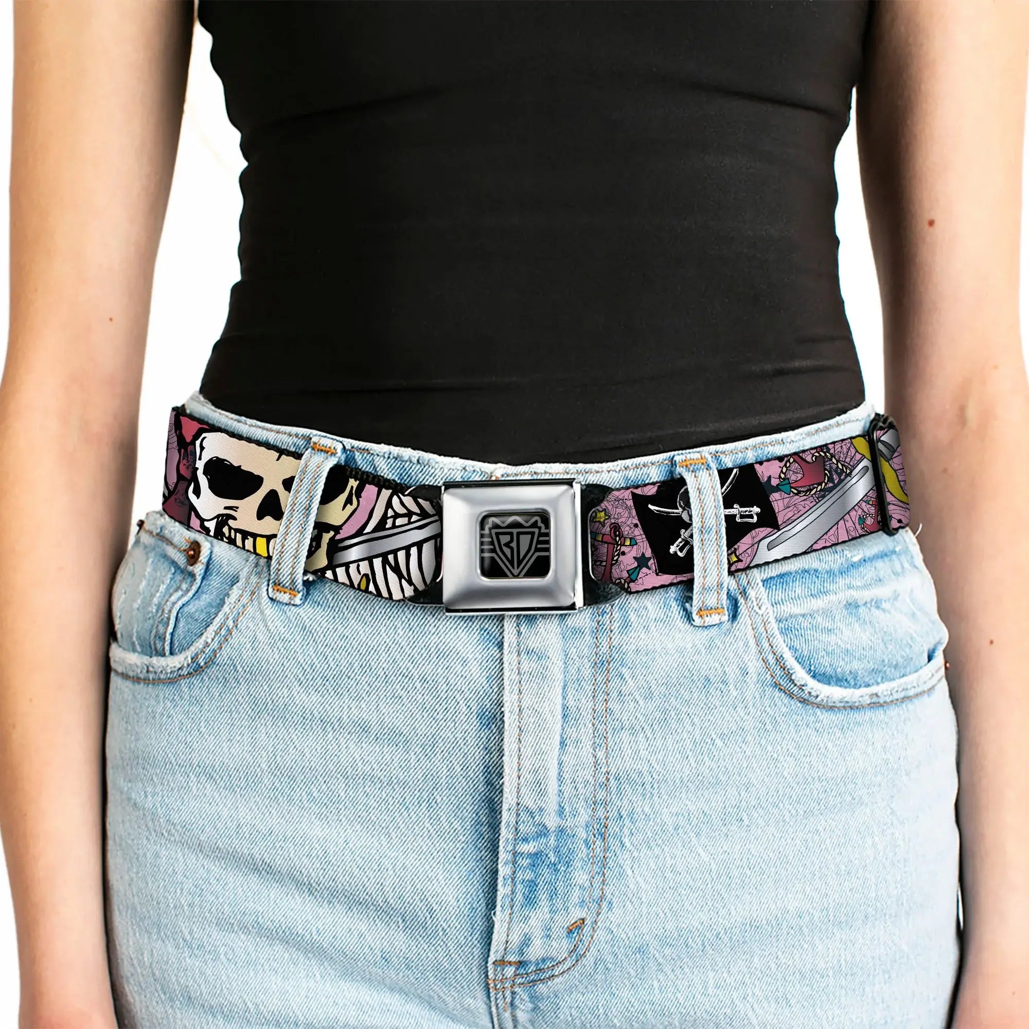 BD Wings Logo CLOSE-UP Full Color Black Silver Seatbelt Belt - Dead Men Tell No Tales Pink Webbing - Buckle-Down - Flyclothing LLC