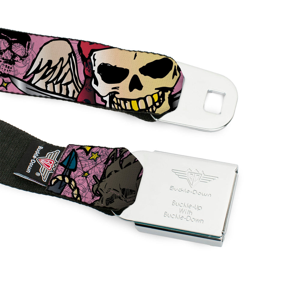 BD Wings Logo CLOSE-UP Full Color Black Silver Seatbelt Belt - Dead Men Tell No Tales Pink Webbing - Buckle-Down - Flyclothing LLC