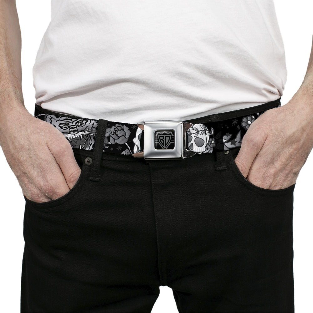 BD Wings Logo CLOSE-UP Full Color Black Silver Seatbelt Belt - Death Before Dishonor Black/White Webbing - Buckle-Down - Flyclothing LLC