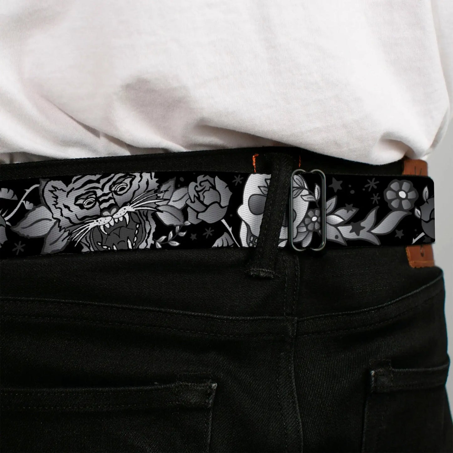 BD Wings Logo CLOSE-UP Full Color Black Silver Seatbelt Belt - Death Before Dishonor Black/White Webbing - Buckle-Down - Flyclothing LLC