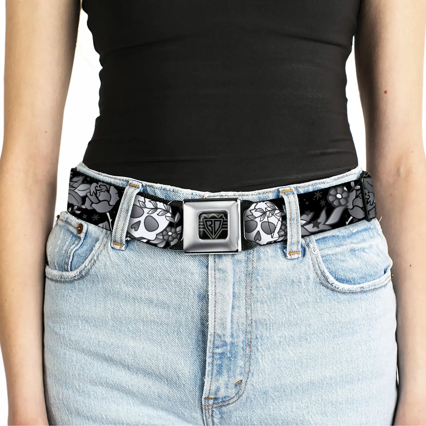 BD Wings Logo CLOSE-UP Full Color Black Silver Seatbelt Belt - Death Before Dishonor Black/White Webbing - Buckle-Down - Flyclothing LLC