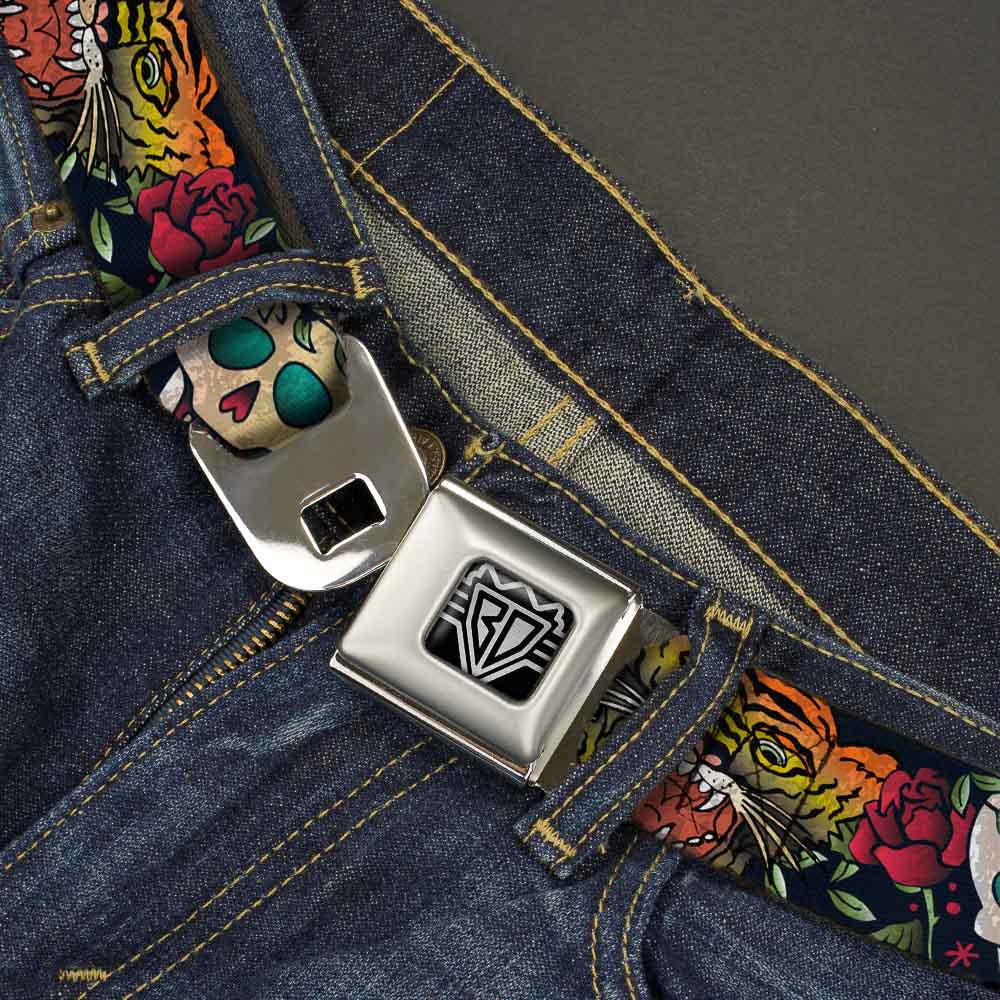 BD Wings Logo CLOSE-UP Full Color Black Silver Seatbelt Belt - Death Before Dishonor CLOSE-UP Black Webbing - Buckle-Down - Flyclothing LLC