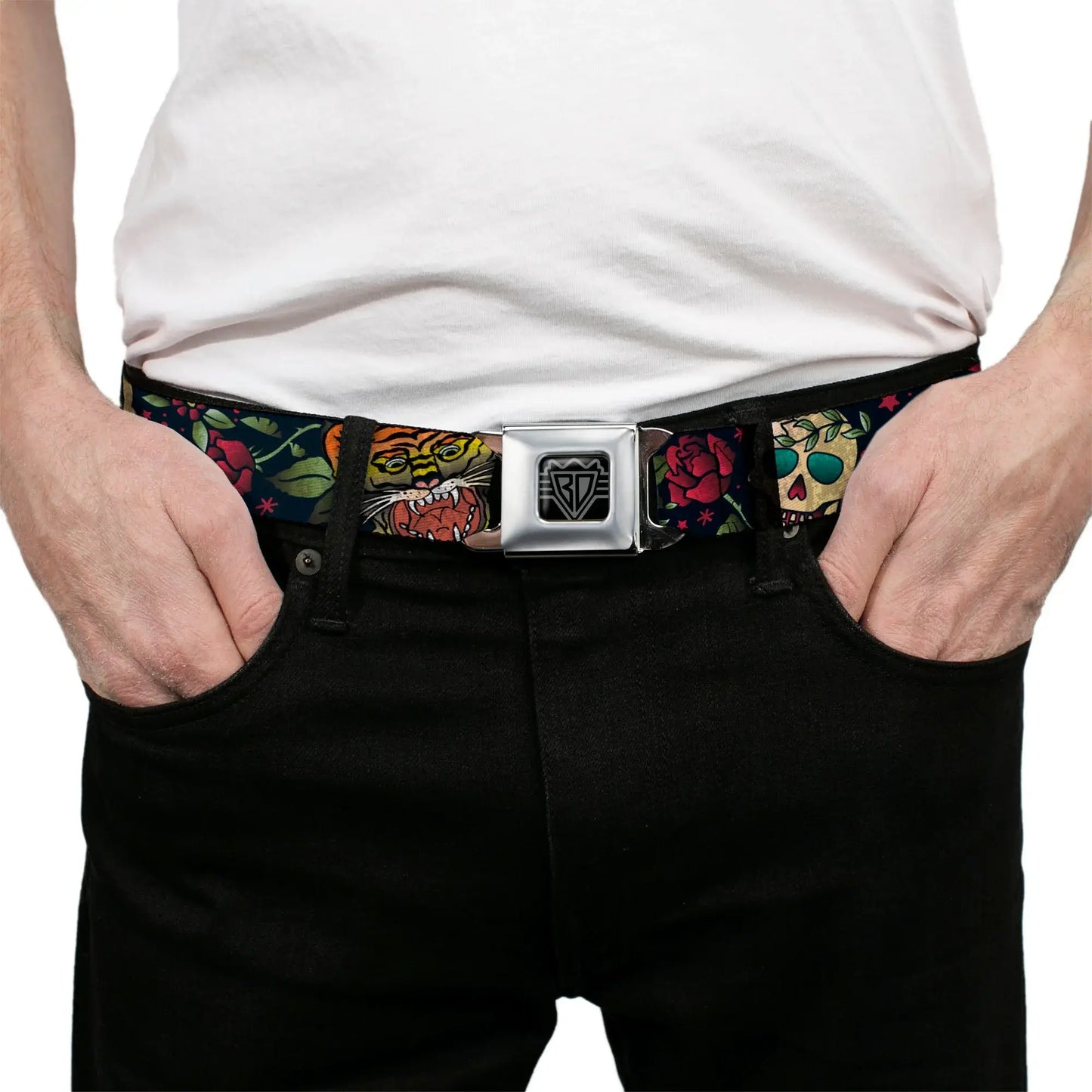 BD Wings Logo CLOSE-UP Full Color Black Silver Seatbelt Belt - Death Before Dishonor CLOSE-UP Black Webbing - Buckle-Down - Flyclothing LLC