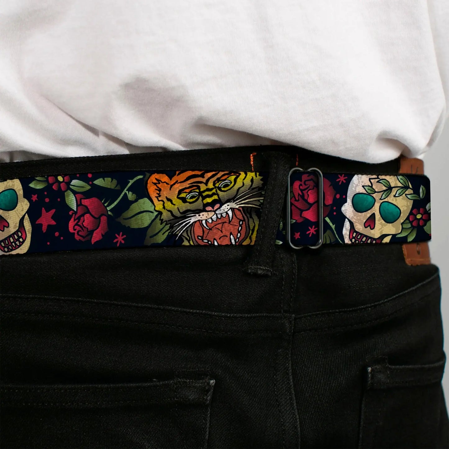 BD Wings Logo CLOSE-UP Full Color Black Silver Seatbelt Belt - Death Before Dishonor CLOSE-UP Black Webbing - Buckle-Down - Flyclothing LLC