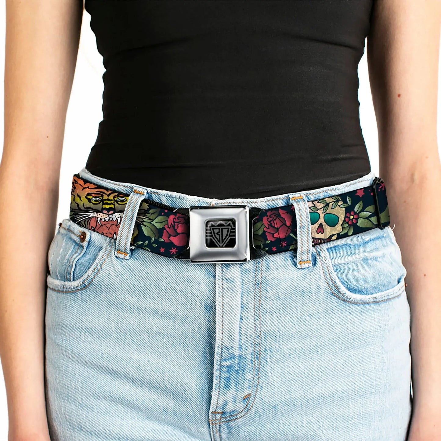 BD Wings Logo CLOSE-UP Full Color Black Silver Seatbelt Belt - Death Before Dishonor CLOSE-UP Black Webbing - Buckle-Down - Flyclothing LLC