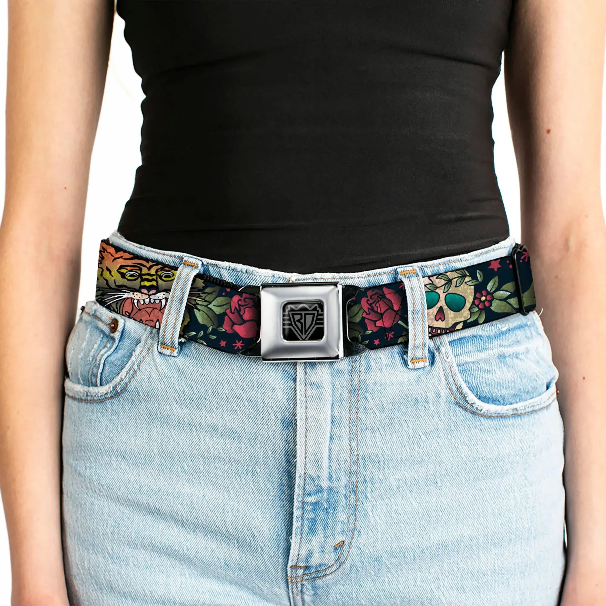 BD Wings Logo CLOSE-UP Full Color Black Silver Seatbelt Belt - Death Before Dishonor CLOSE-UP Black Webbing - Buckle-Down - Flyclothing LLC