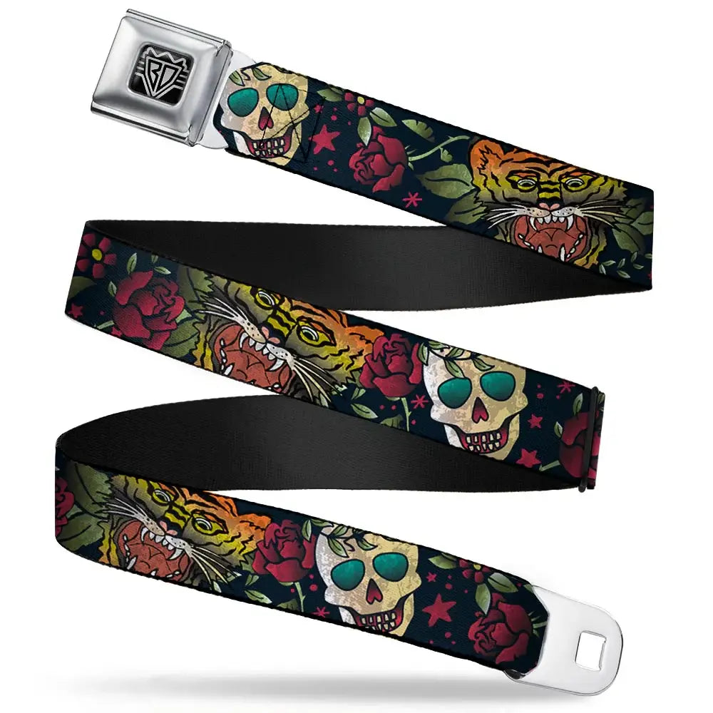 BD Wings Logo CLOSE-UP Full Color Black Silver Seatbelt Belt - Death Before Dishonor CLOSE-UP Black Webbing - Buckle-Down - Flyclothing LLC