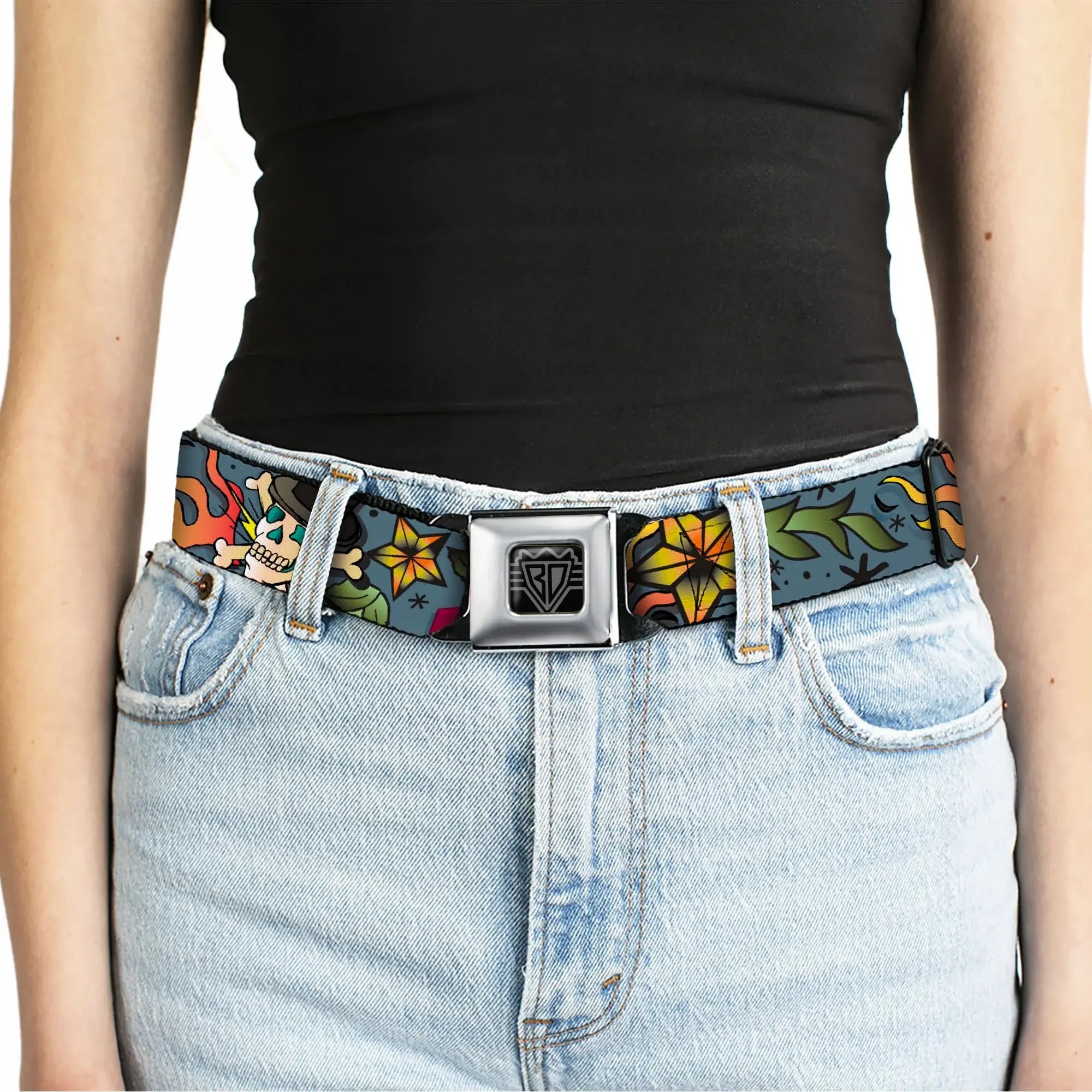BD Wings Logo CLOSE-UP Full Color Black Silver Seatbelt Belt - Death or Glory CLOSE-UP Gray Webbing - Buckle-Down - Flyclothing LLC