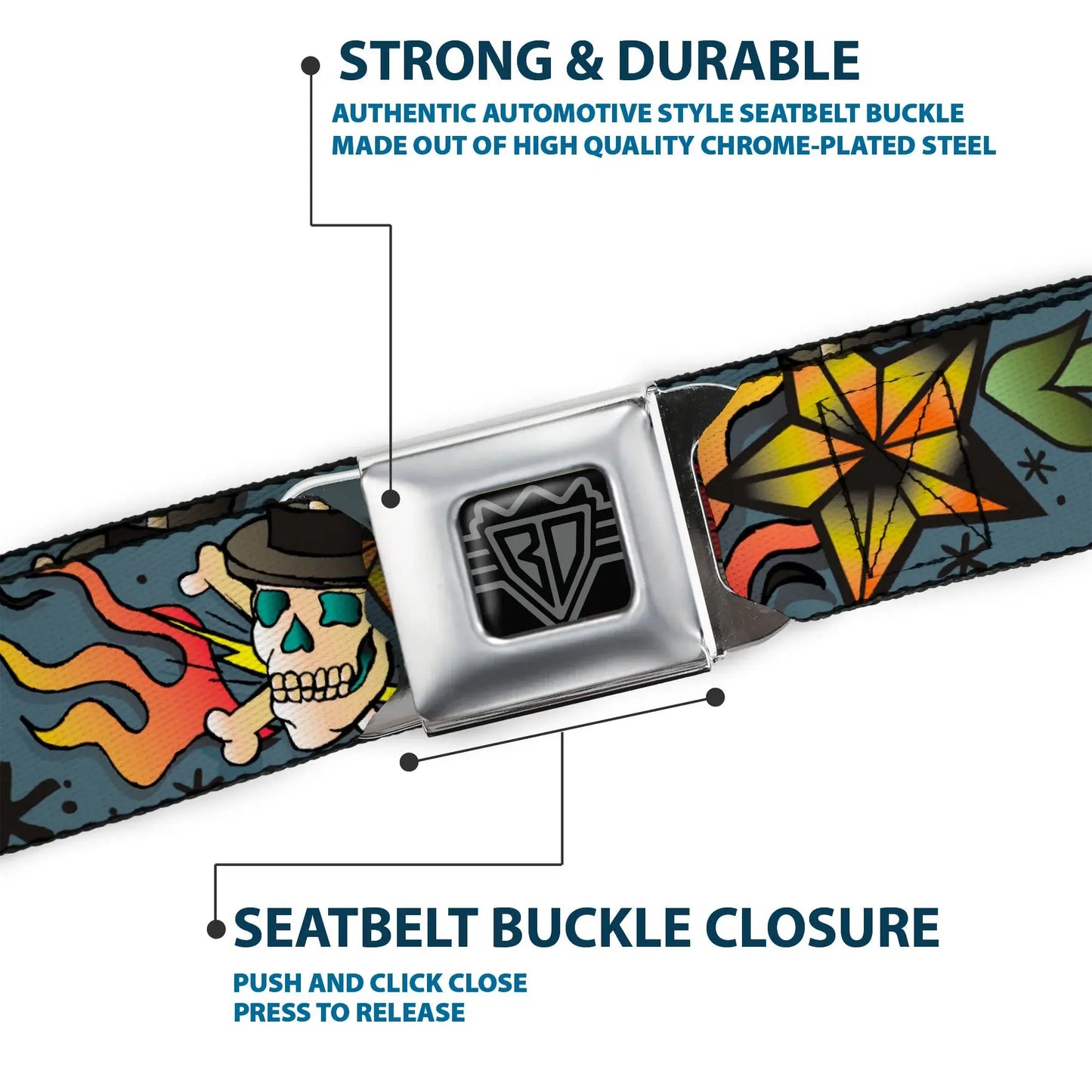 BD Wings Logo CLOSE-UP Full Color Black Silver Seatbelt Belt - Death or Glory CLOSE-UP Gray Webbing - Buckle-Down - Flyclothing LLC