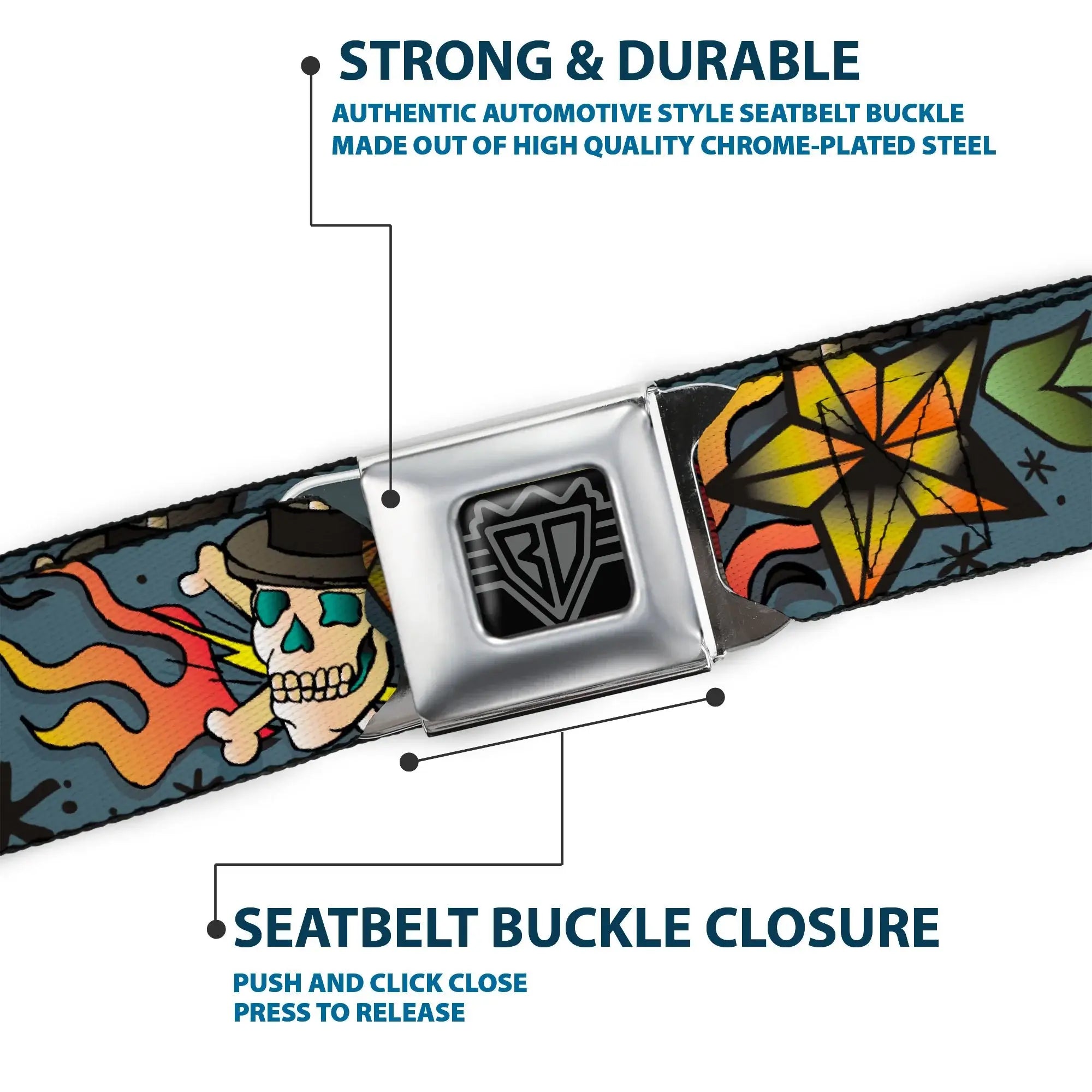 BD Wings Logo CLOSE-UP Full Color Black Silver Seatbelt Belt - Death or Glory CLOSE-UP Gray Webbing - Buckle-Down - Flyclothing LLC