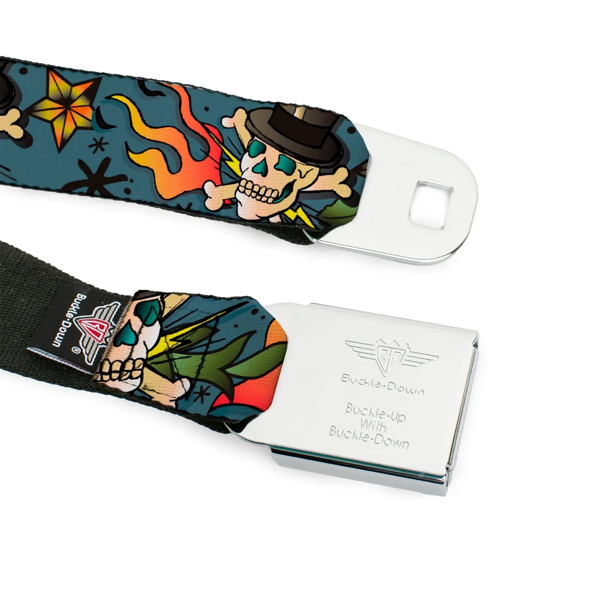BD Wings Logo CLOSE-UP Full Color Black Silver Seatbelt Belt - Death or Glory CLOSE-UP Gray Webbing - Buckle-Down - Flyclothing LLC