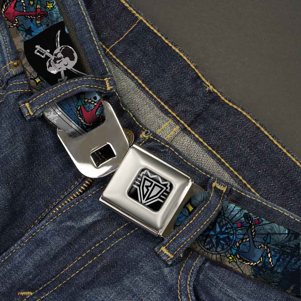 BD Wings Logo CLOSE-UP Full Color Black Silver Seatbelt Belt - Dead Men Tell No Tales CLOSE-UP Turquoise Webbing - Buckle-Down - Flyclothing LLC