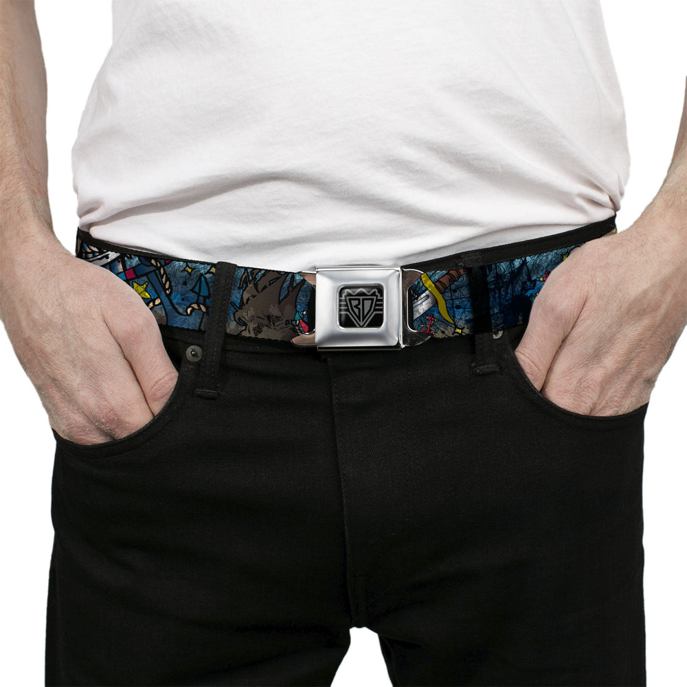 BD Wings Logo CLOSE-UP Full Color Black Silver Seatbelt Belt - Dead Men Tell No Tales CLOSE-UP Turquoise Webbing - Buckle-Down - Flyclothing LLC
