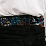 BD Wings Logo CLOSE-UP Full Color Black Silver Seatbelt Belt - Dead Men Tell No Tales CLOSE-UP Turquoise Webbing - Buckle-Down - Flyclothing LLC