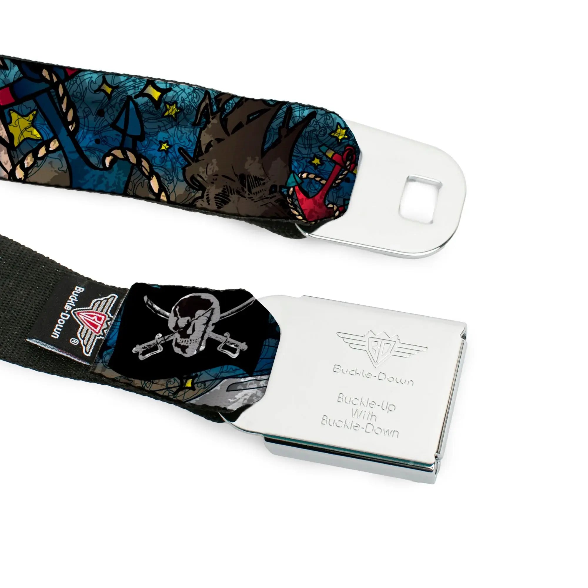 BD Wings Logo CLOSE-UP Full Color Black Silver Seatbelt Belt - Dead Men Tell No Tales CLOSE-UP Turquoise Webbing - Buckle-Down - Flyclothing LLC
